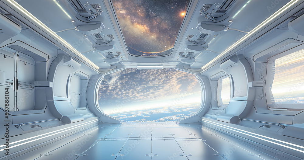Poster An empty spaceship refresh room with white walls. The ceiling is a screen projecting a breathtaking view of outer space. The room is meticulously detailed, sci-fi aesthetic. Generative AI.