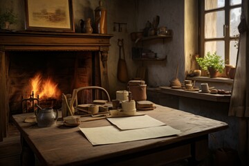interior of an old house with a fireplace and a desk. living room of a cabin with the fireplace
