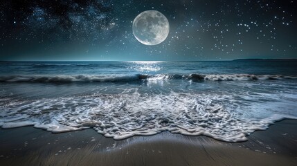 a beautiful beach scene at night, featuring a serene ocean with gentle waves, a radiant moon, and a sky filled with twinkling stars, evoking a sense of tranquility and wonder.