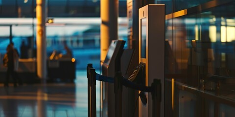Fototapeta premium Biometric scanner at passport control, sharp focus, dim evening light, no humans 