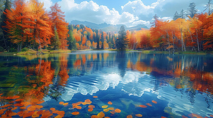 Naklejka premium Crystal clear lake surrounded by autumn trees, reflective, colorful. Generative AI.