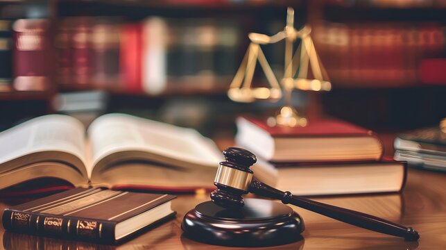 A law book lies open on a wooden desk, with a gavel and scales of justice in the background.