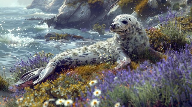 A serene selkie resting on the shore amidst a carpet of sea lavender and coastal wildflowers, its seal skin draped beside it, with waves gently lapping nearby. shiny, Minimal and Simple,