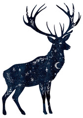 Watercolor illustration of a deer silhouette with a space background. Hand-drawn isolated animal with a night sky, stars, moon, and plant ornament
