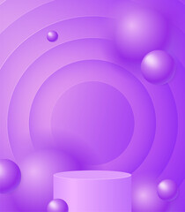 Abstract circles background with purple pedestal podium and floating balls