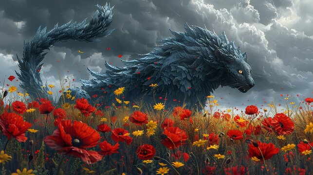 A fierce manticore prowling through a field of bright red poppies and yellow daisies, its spiked tail raised, with a stormy sky adding drama to the scene. shiny, Minimal and Simple,