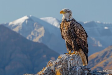 Majestic eagle perched on a rocky outcrop with the backdrop of snow-capped mountains, showcasing the beauty of wildlife and nature.