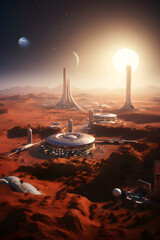 A Futuristic City In The Mars  With A Desert Like Landscape.