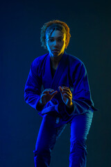 Brazilian girl Jujutsu fighter is ready for the Jiu Jitsu wrestling competition. Brazilian sport...