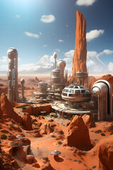 A Futuristic City In The Mars  With A Desert Like Landscape.