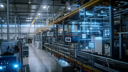 Fototapeta premium A futuristic industrial setting with a lot of machinery and equipment. The blue and orange colors give the impression of a high-tech environment