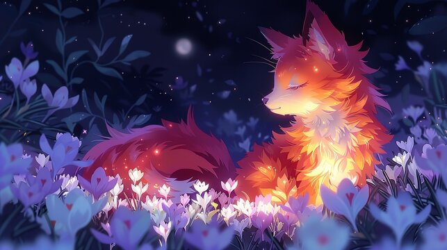 A mystical kitsune with multiple tails weaving through a field of white and purple crocuses, its eyes gleaming with intelligence, under a moonlit sky. shiny, Minimal and Simple,