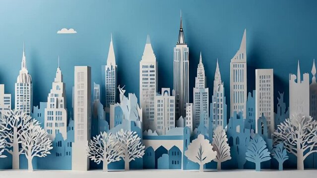 Beautiful city in white and blue colors, paper style