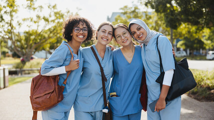 Portrait of female medical students standing together on campus