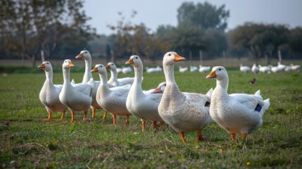 Obraz premium The vibrant colors of a group of ducks waddling in unison, captured against the backdrop of lush greenery, symbolizing the liveliness and vitality of farm-raised ducks.