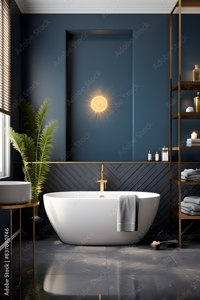 Wall mural Modern luxury bathroom interior in navy blue and gold colors