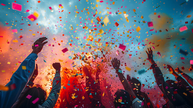 Team Unity and Celebration: Vibrant Confetti Shower at Corporate Thanks Party   Ideal for Business and Team Building Ads