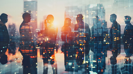 Double exposure image of many business people conference group meeting on city office building in background showing partnership success of business deal. Concept of teamwork