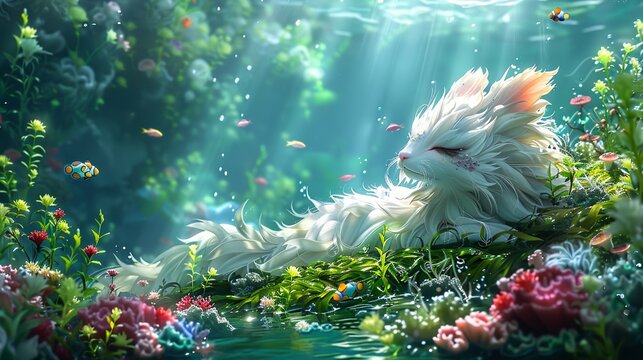 A serene selkie reclining on a bed of seaweed and coral, surrounded by colorful fish and underwater flowers, with sunlight filtering through the water. shiny, Minimal and Simple,