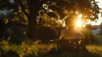 Naklejka premium Child sitting in grassy area with sun setting behind trees. Warm sunlight creates a peaceful moment. Silhouette captures innocence and wonder.