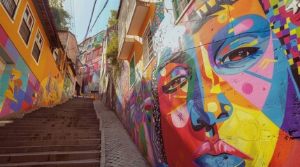 Colorful street with vibrant mural painting, depicts a stunning face on a narrow alley, showcasing creativity and urban artistry.