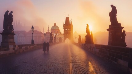 Obraz premium Misty sunrise over historic bridge with statues, couple walking towards old town in captivating morning light.