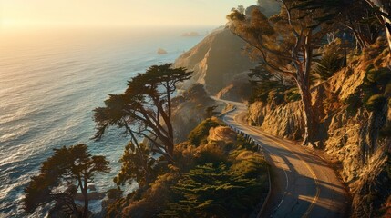 Scenic coastal road winding through tall trees and mountainous cliffs beside a calm ocean at sunset