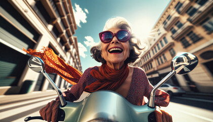 Energetic Elderly Individual Exploring City Streets on a Sunny Day Riding a Scooter.