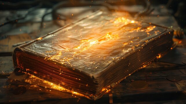 Ancient magical book with vibrant glowing energy sparks