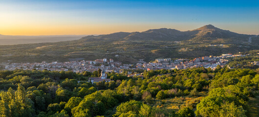 Aerial views of the sunset of the city of Bejar, in the province of Salamanca during a sunny spring day