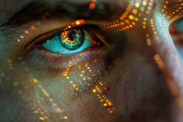 A closeup of a man face with futuristic digital symbols, lines illuminating his face, focus on his pupils