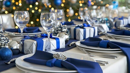 Photo of a luxurious holiday table setting with blue and silver decorations, featuring wrapped gifts, candles, and sparkling ornaments.