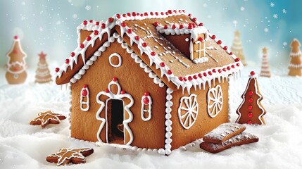 Illustration of a gingerbread house and cookies in a snowy landscape with mountains in the background, bright and festive.