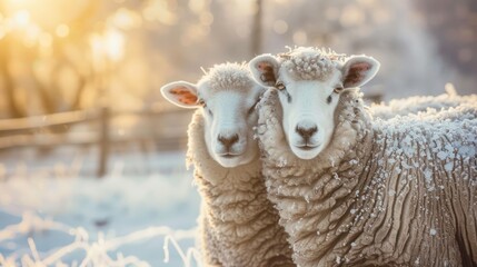 Two fluffy sheep standing close together in a beautiful snowy winter landscape with the warm glow...