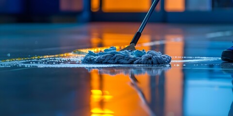 Close-up of office cleaning worker mopping floor with focus on hand. Concept Office Cleaning, Mopping Floor, Close-up, Worker, Hand Focused