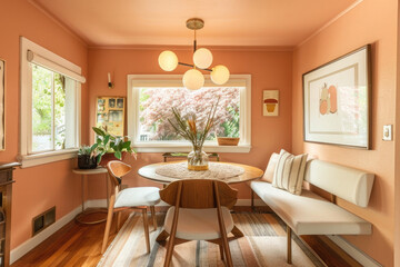 A room with a pink wall and a white ceiling