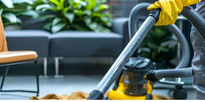 Experienced industrial services worker utilizes industrial vacuum for office cleaning. Concept Industrial Vacuum, Office Cleaning, Experienced Worker, Industrial Services, Efficient Cleaning