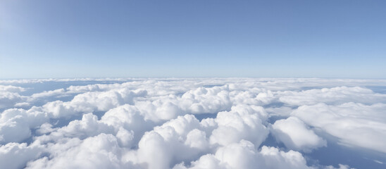 Serene Skyline View Above Fluffy Cumulus Clouds, Clear Blue Sky, High Altitude Perspective, Aerial Cloudscape Panorama, Tranquil Nature Beauty © Celt Studio