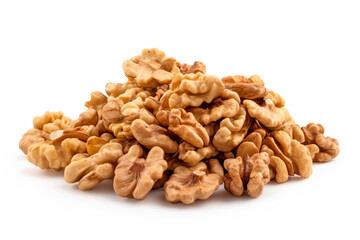 Close-up of shelled and unshelled Walnut nuts isolated on a white background, showcasing their texture