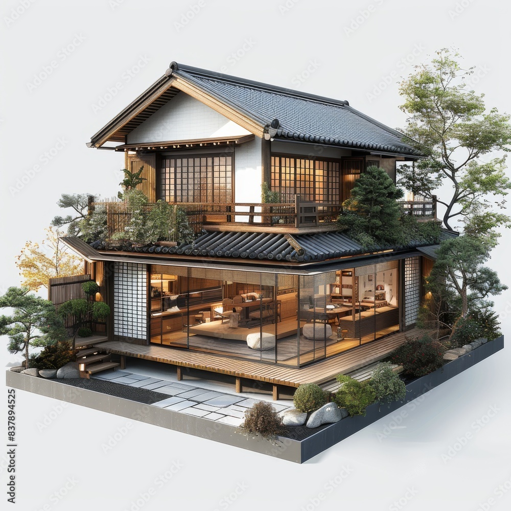 Poster 3d rendering of an old traditional japanese house, showing structural features such as wooden struct