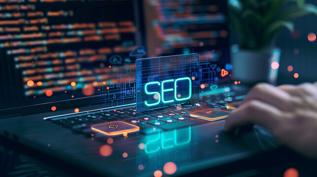 A glowing "SEO" icon hovers above a laptop keyboard, suggesting digital marketing and online optimization.
