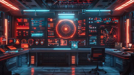 Fototapeta premium A futuristic control room with a glowing, circular display and a network of screens displaying data