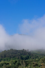 Landscape with morning fog, plains and mountains