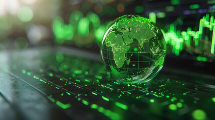 A glass globe sits on a laptop keyboard, with a green stock market chart displayed in the background.