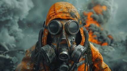 A lone figure in a gas mask and protective suit stands amidst a thick cloud of smoke.