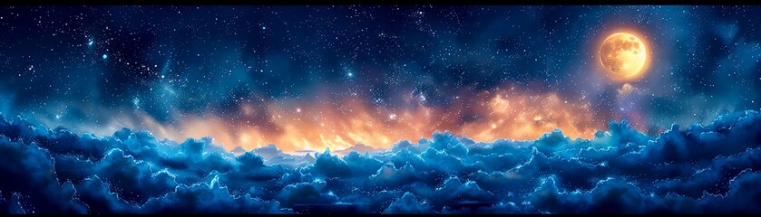 A beautiful landscape of a full moon rising over a sea of clouds