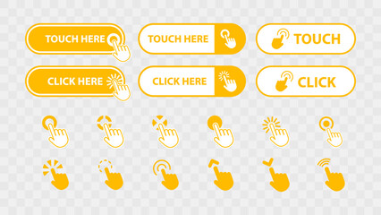 Clickable Web Buttons with Cursor Pointer Icon. Web Site Button Set Collection. Call for Action Click and Touch Button. Vector Illustration.