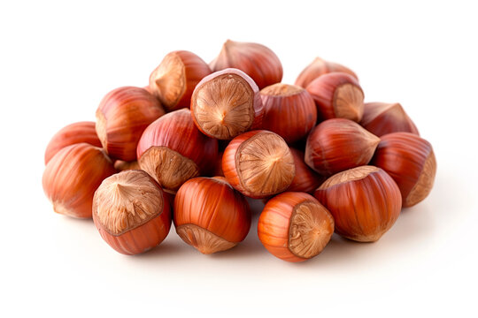 Close-up of shelled and unshelled Hazelnut nuts isolated on a white background, showcasing their texture