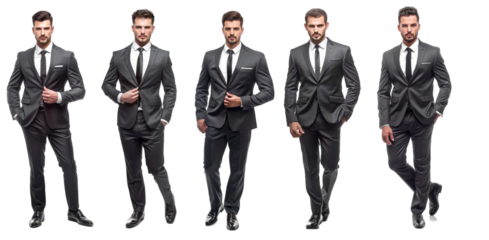 Collection of stylish men in formal black suits isolated on white background. Elegant and professional fashion concept showcasing modern business attire.