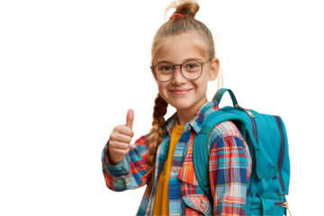 Cheerful schoolgirl wearing glasses, colorful plaid shirt and teal backpack, giving a thumbs-up gesture on transparent background.